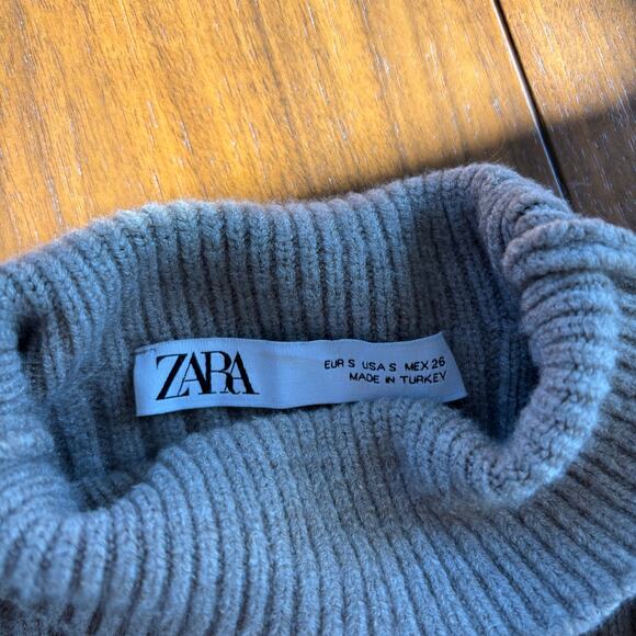 Zara Womens Ribbed Crop Pullover Sweater S Beige Cuff Sleeves Mock Neck Oversize - Picture 3 of 9